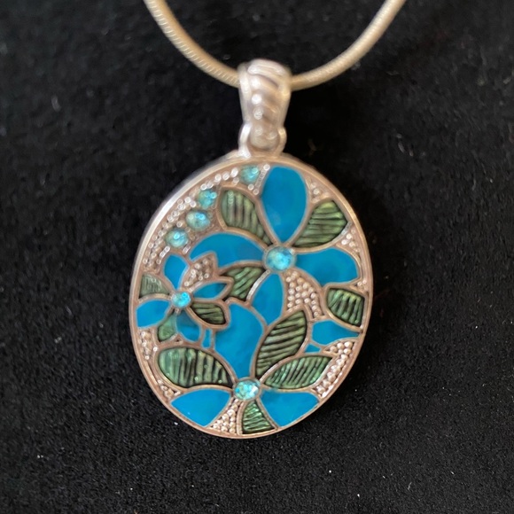 Silver-Turquoise Rhinestone Necklace Set - Picture 2 of 6